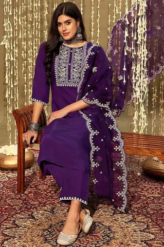 Purple floral yoke design thread work straight kurta with trousers & dupatta