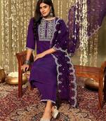 Purple floral yoke design thread work straight kurta with trousers & dupatta