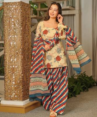 Beige cambric cotton printed kurti farsi salwar dupatta set 3