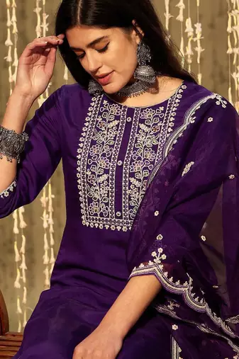 Purple floral yoke design thread work straight kurta with trousers & dupatta
