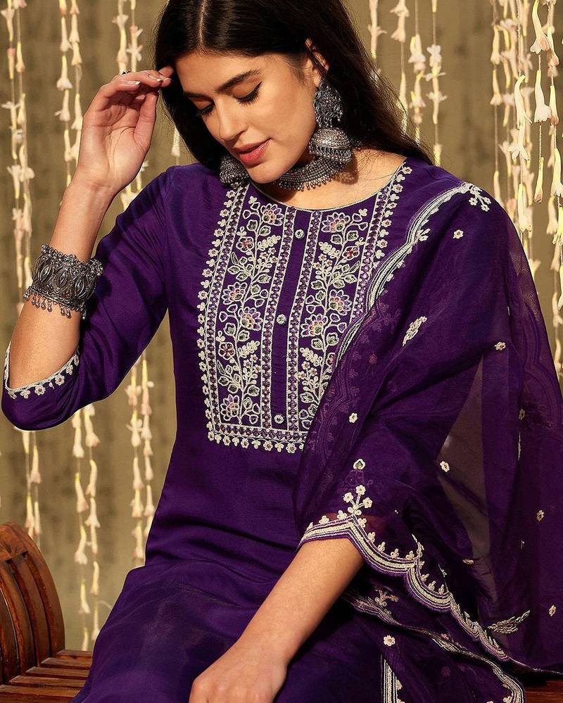 Purple floral yoke design thread work straight kurta with trousers & dupatta