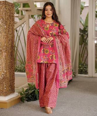 Rani pink cambric cotton printed kurti farsi salwar dupatta set 1