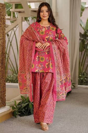 Rani pink cambric cotton printed kurti farsi salwar dupatta set