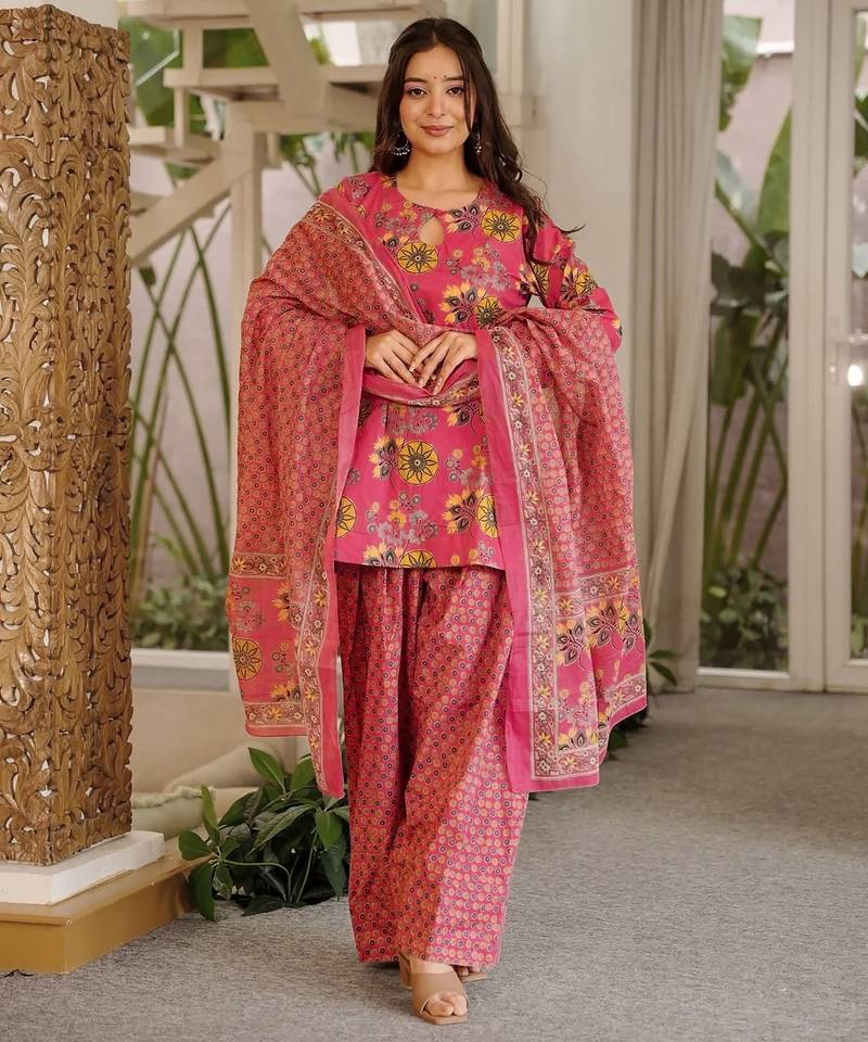 Rani pink cambric cotton printed kurti farsi salwar dupatta set