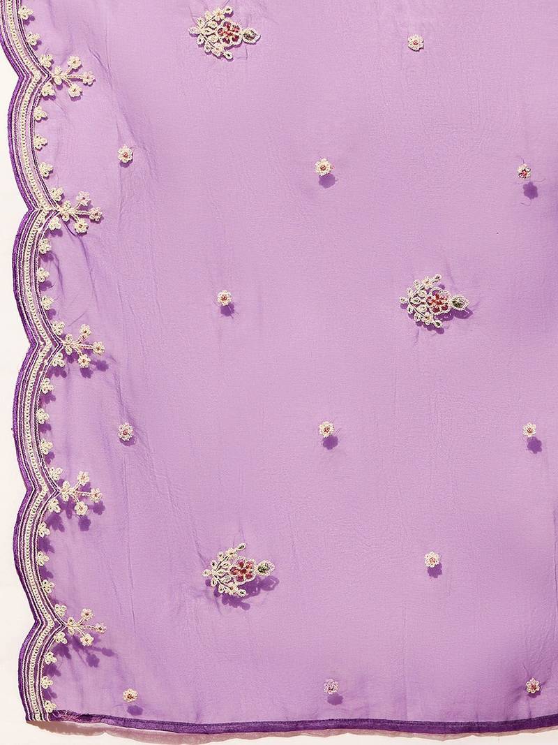 Purple floral yoke design thread work straight kurta with trousers & dupatta