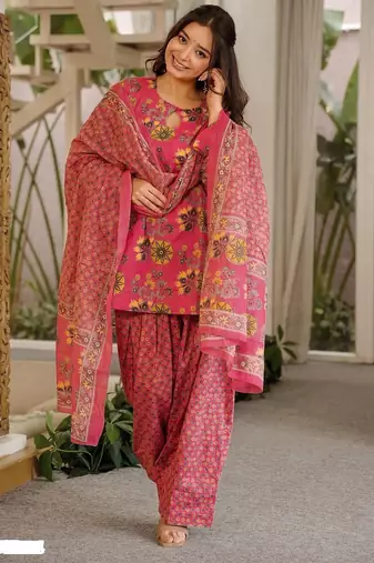 Rani pink cambric cotton printed kurti farsi salwar dupatta set