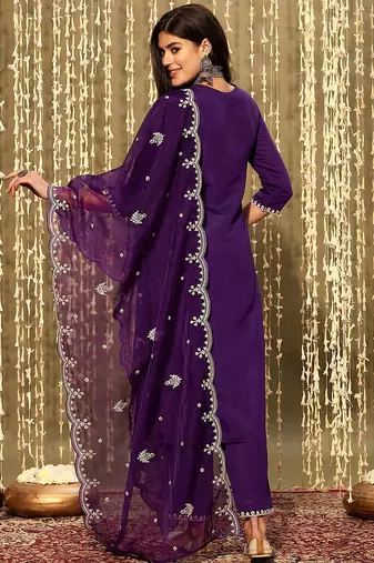 Purple floral yoke design thread work straight kurta with trousers & dupatta