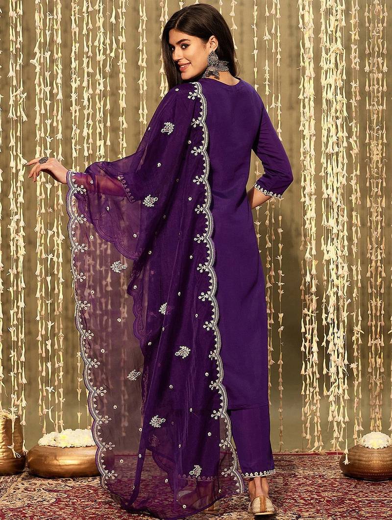 Purple floral yoke design thread work straight kurta with trousers & dupatta