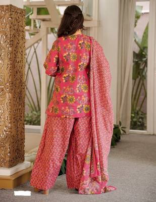 Rani pink cambric cotton printed kurti farsi salwar dupatta set 3