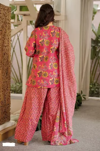 Rani pink cambric cotton printed kurti farsi salwar dupatta set