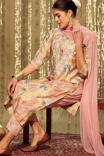 Floral embroidered round neck thread work straight kurta with trousers & dupatta