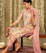 Floral embroidered round neck thread work straight kurta with trousers & dupatta