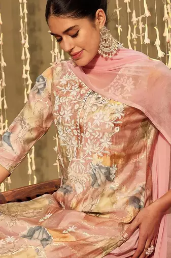 Floral embroidered round neck thread work straight kurta with trousers & dupatta