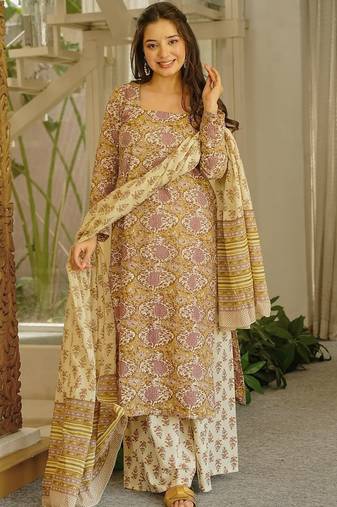 Cream cambric cotton printed kurti farsi salwar dupatta set