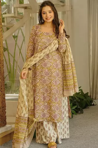 Cream cambric cotton printed kurti farsi salwar dupatta set