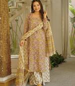 Cream cambric cotton printed kurti farsi salwar dupatta set