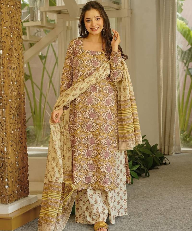 Cream cambric cotton printed kurti farsi salwar dupatta set