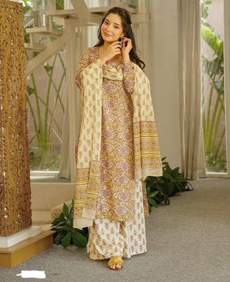 Cream cambric cotton printed kurti farsi salwar dupatta set 2