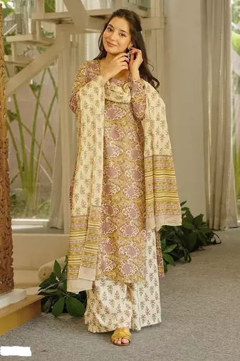 Cream cambric cotton printed kurti farsi salwar dupatta set