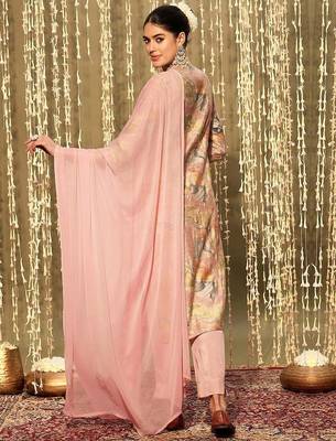 Floral embroidered round neck thread work straight kurta with trousers & dupatta 5