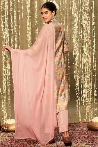 Floral embroidered round neck thread work straight kurta with trousers & dupatta