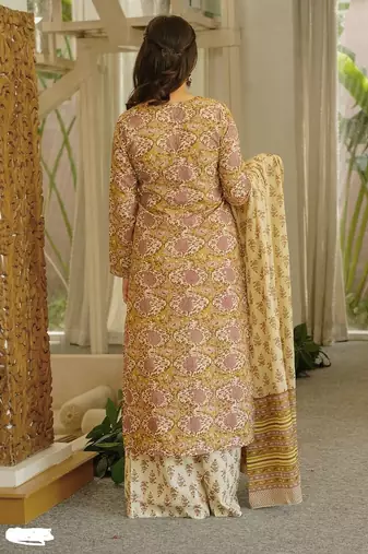 Cream cambric cotton printed kurti farsi salwar dupatta set