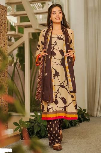 Brown cambric cotton printed kurti farsi salwar dupatta set