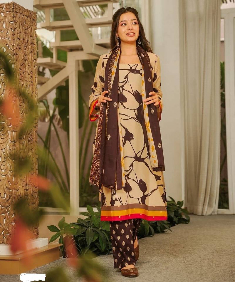 Brown cambric cotton printed kurti farsi salwar dupatta set