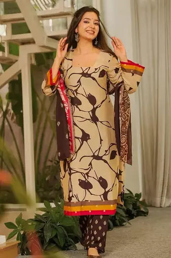Brown cambric cotton printed kurti farsi salwar dupatta set