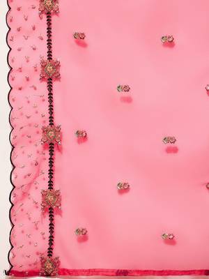 Floral embroidered thread work kurta with trousers & dupatta 4