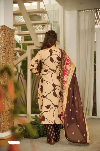 Brown cambric cotton printed kurti farsi salwar dupatta set