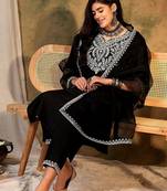 Floral yoke design regular thread work kurta with trousers & dupatta
