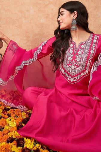 Floral yoke design regular thread work kurta with trousers & dupatta