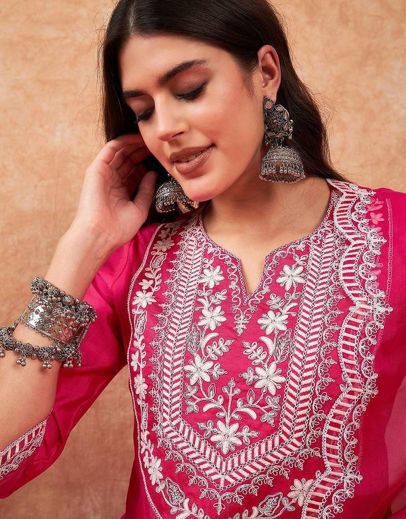 Floral yoke design regular thread work kurta with trousers & dupatta