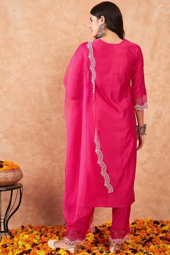 Floral yoke design regular thread work kurta with trousers & dupatta