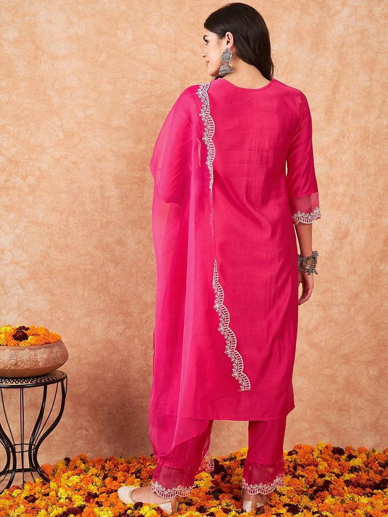 Floral yoke design regular thread work kurta with trousers & dupatta