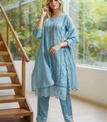 Ethnic motifs embroidered regular thread work kurta with trousers & dupatta