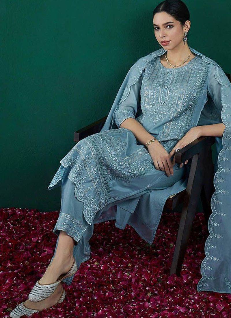 Ethnic motifs embroidered regular thread work kurta with trousers & dupatta