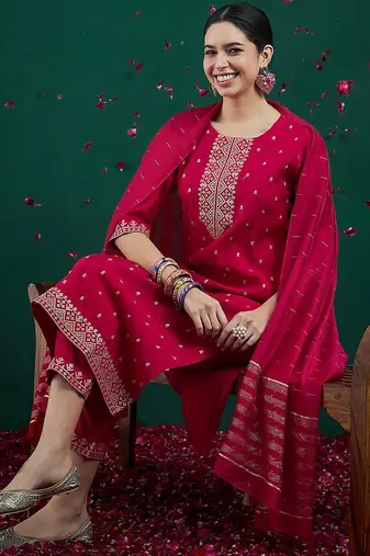 Embroidered sequinned chanderi silk straight kurta with trousers & dupatta