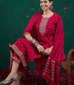 Embroidered sequinned chanderi silk straight kurta with trousers & dupatta