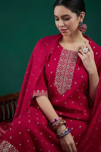 Embroidered sequinned chanderi silk straight kurta with trousers & dupatta