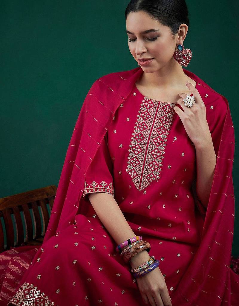 Embroidered sequinned chanderi silk straight kurta with trousers & dupatta