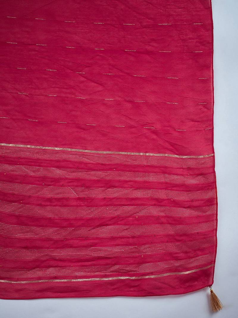 Embroidered sequinned chanderi silk straight kurta with trousers & dupatta