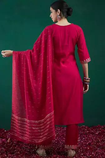 Embroidered sequinned chanderi silk straight kurta with trousers & dupatta