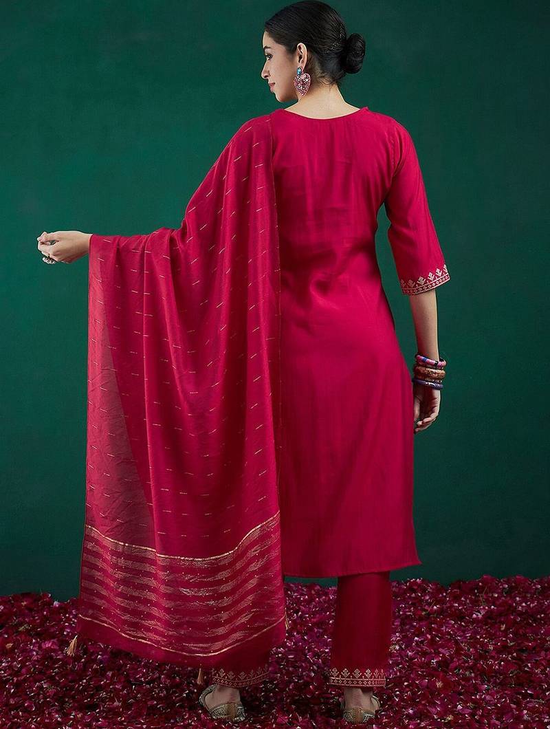 Embroidered sequinned chanderi silk straight kurta with trousers & dupatta