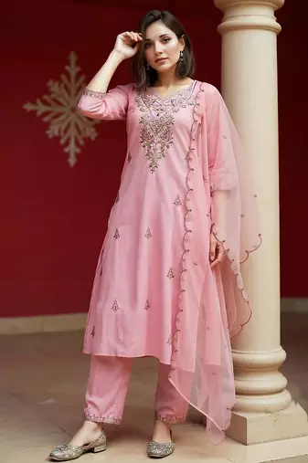 Embroidered regular sequinned straight kurta with trousers & dupatta