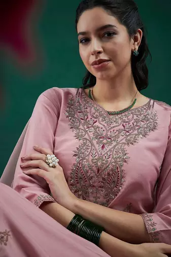 Embroidered regular sequinned straight kurta with trousers & dupatta