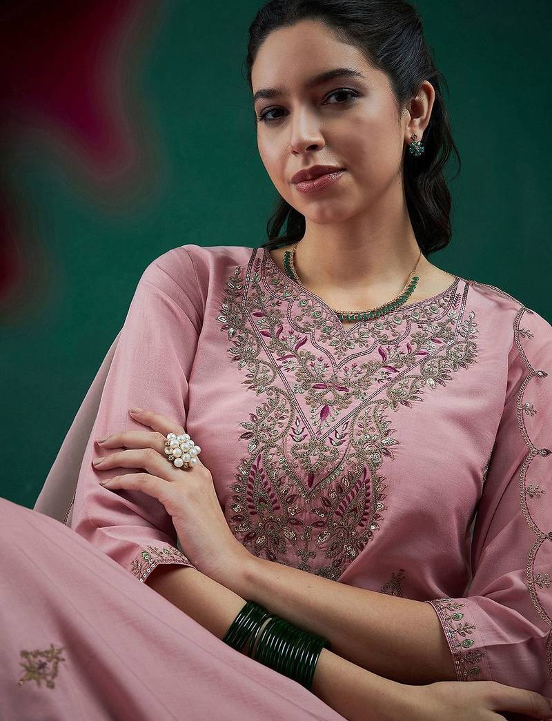 Embroidered regular sequinned straight kurta with trousers & dupatta