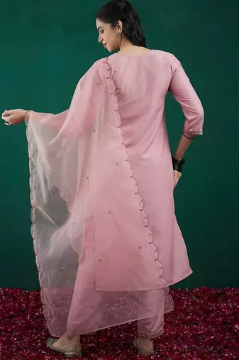 Embroidered regular sequinned straight kurta with trousers & dupatta
