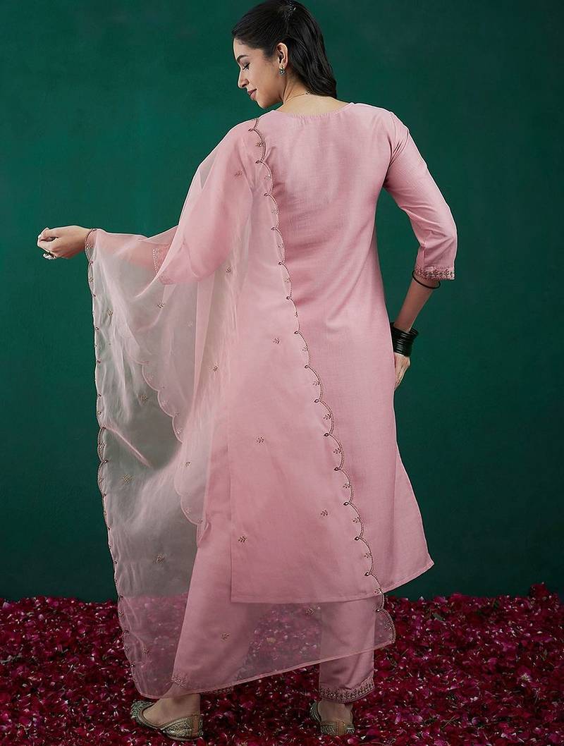 Embroidered regular sequinned straight kurta with trousers & dupatta
